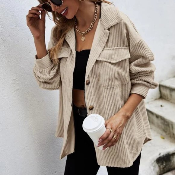 Casual Trendy Corduroy Flap Pocket Button down shirt Shacket jacket Coat beige - Picture 3 of 6